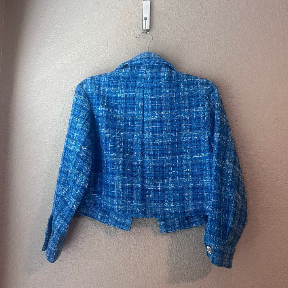 Zara Blue Checkered Tweed Cropped Breasted Blazer Rhinestone Buttons XS Collared - Picture 6 of 8